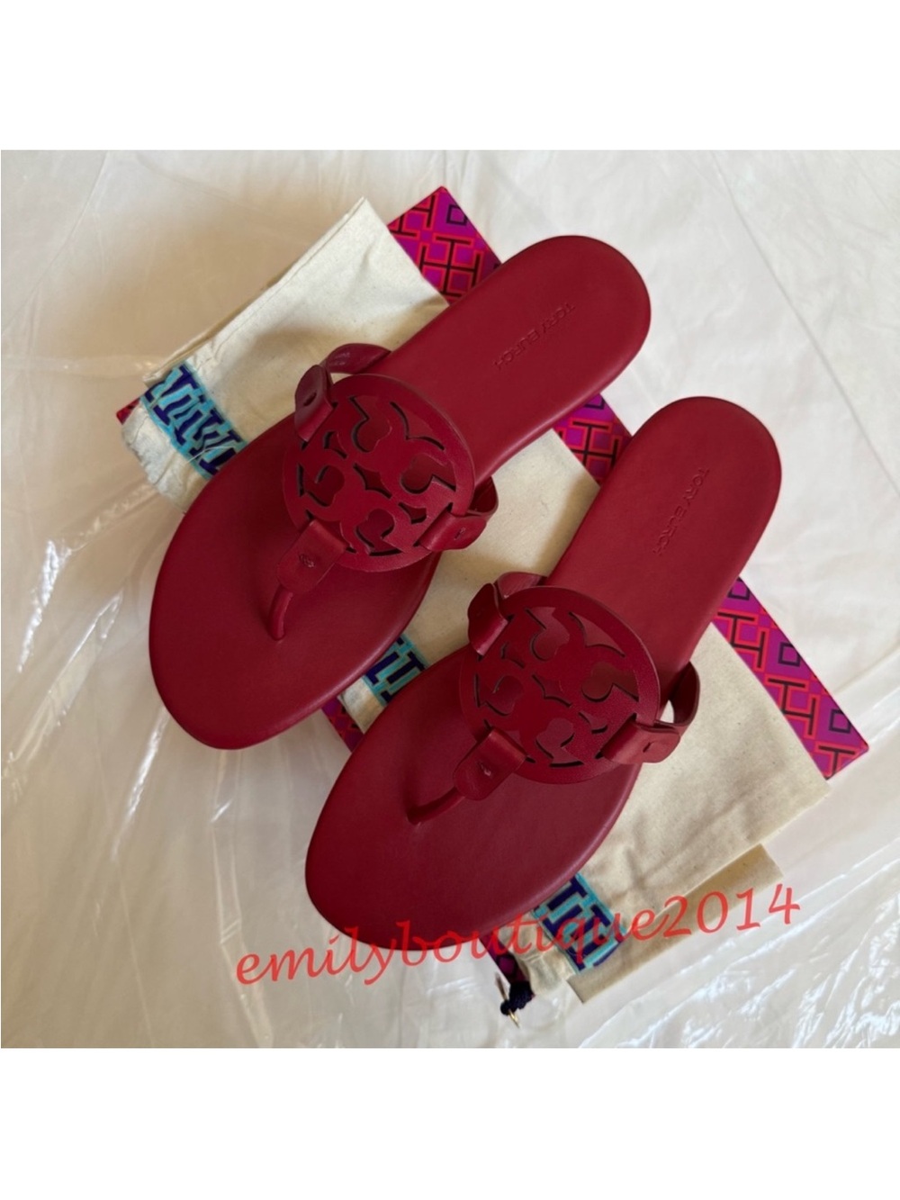 NIB Tory Burch Miller Size 7.5 Tory Red Calf Leather Sandals 90582 - Picture 5 of 10